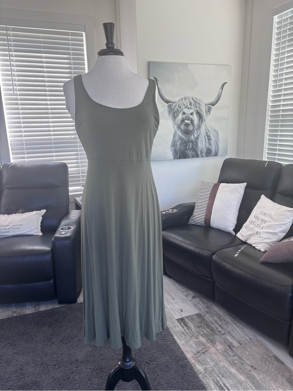 LOFT Olive Green Scoop-Neck A-Line Midi Dress